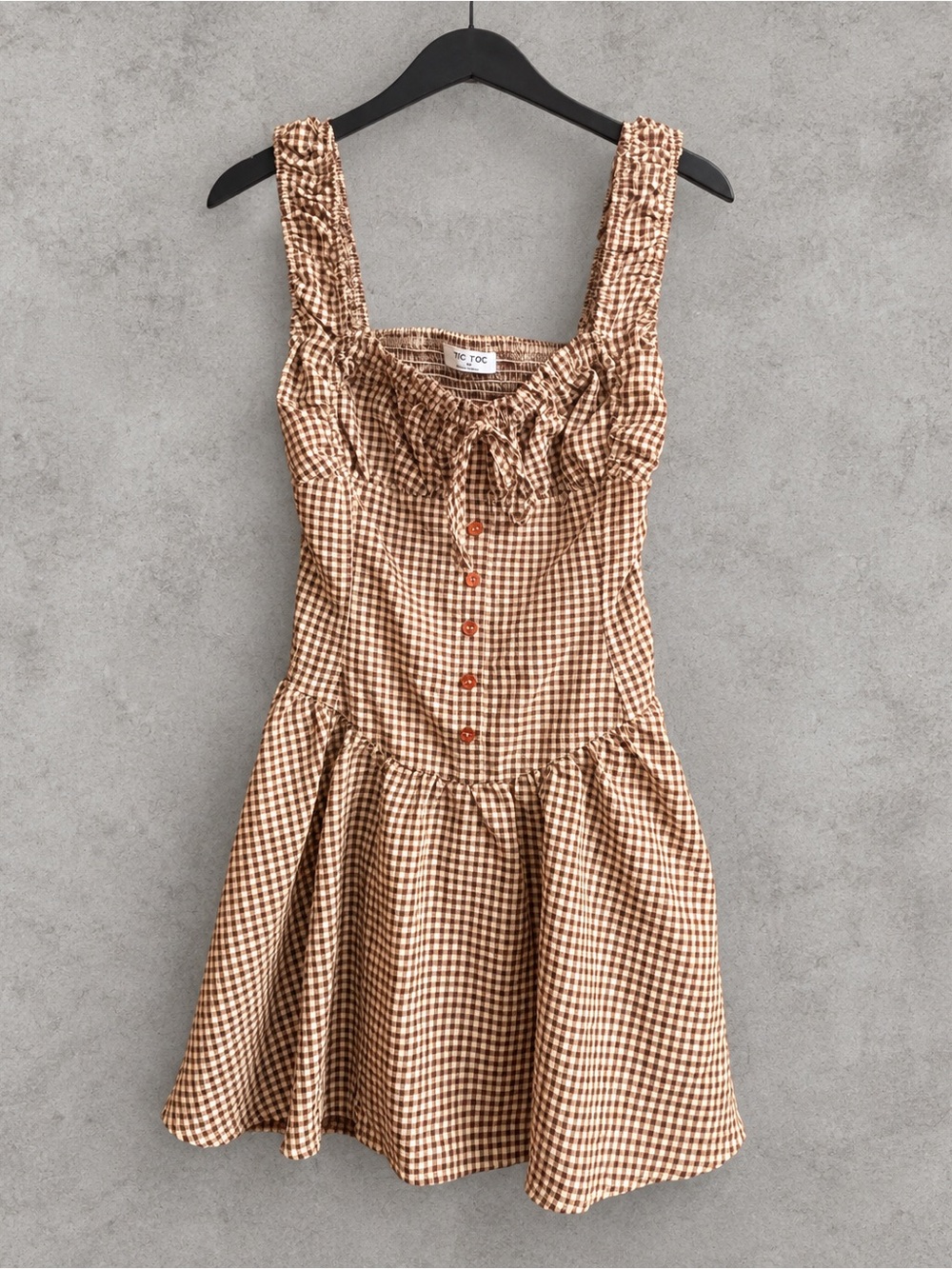 Tic Toc Brown Gingham Smocked Mini Dress Medium Cottagecore Tie Front